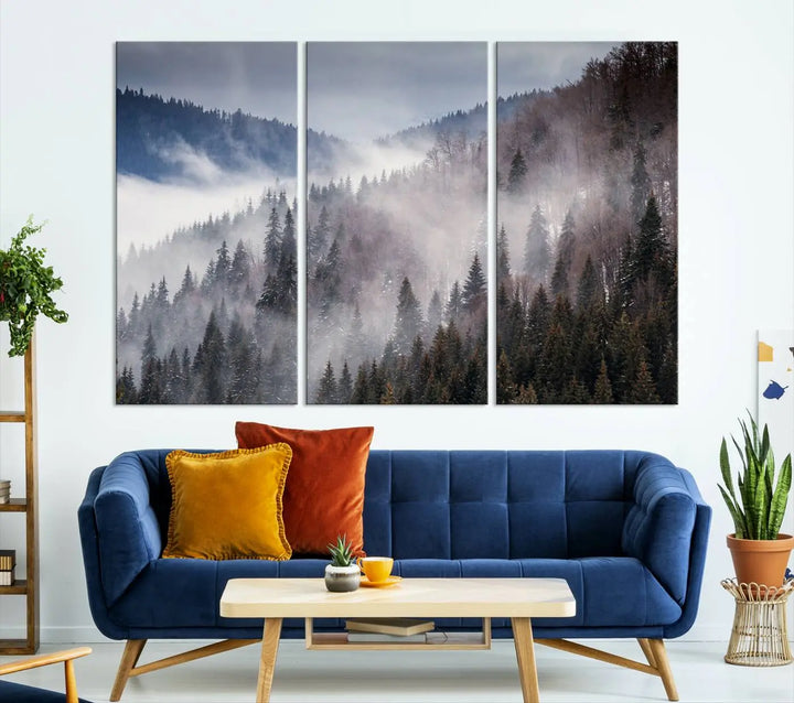 The "Beautiful Rising Fog in Winter Mountain Landscape" wall art is presented on museum-quality canvas, adding a striking visual element to the living room.