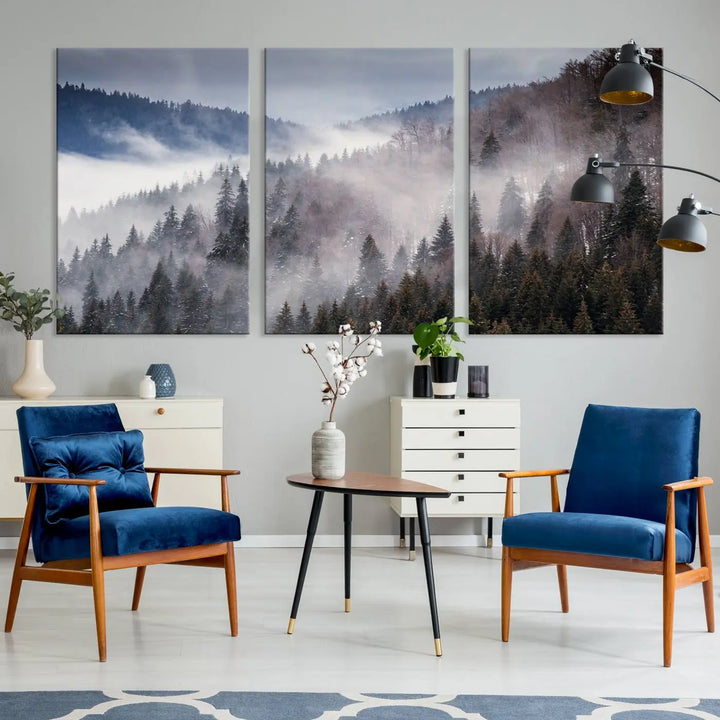 The "Beautiful Rising Fog in Winter Mountain Landscape" wall art is presented on museum-quality canvas, adding a striking visual element to the living room.