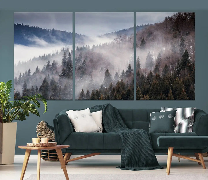 The "Beautiful Rising Fog in Winter Mountain Landscape" wall art is presented on museum-quality canvas, adding a striking visual element to the living room.