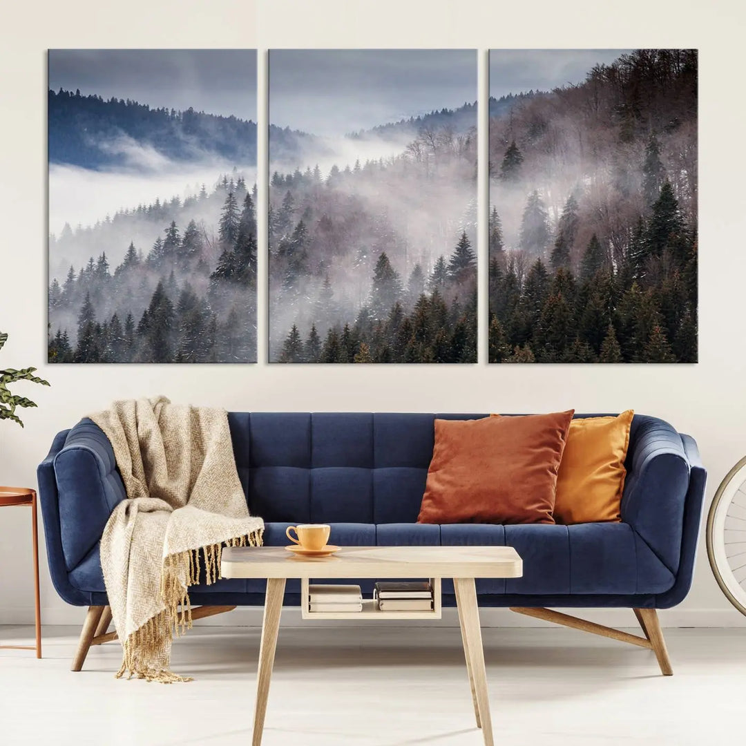 The "Beautiful Rising Fog in Winter Mountain Landscape" wall art is presented on museum-quality canvas, adding a striking visual element to the living room.