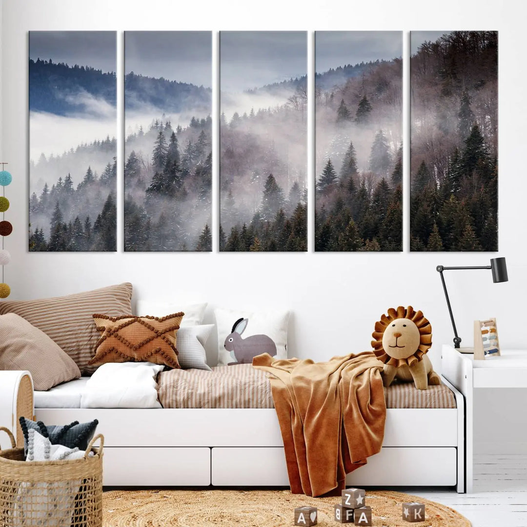 The "Beautiful Rising Fog in Winter Mountain Landscape" wall art is presented on museum-quality canvas, adding a striking visual element to the living room.