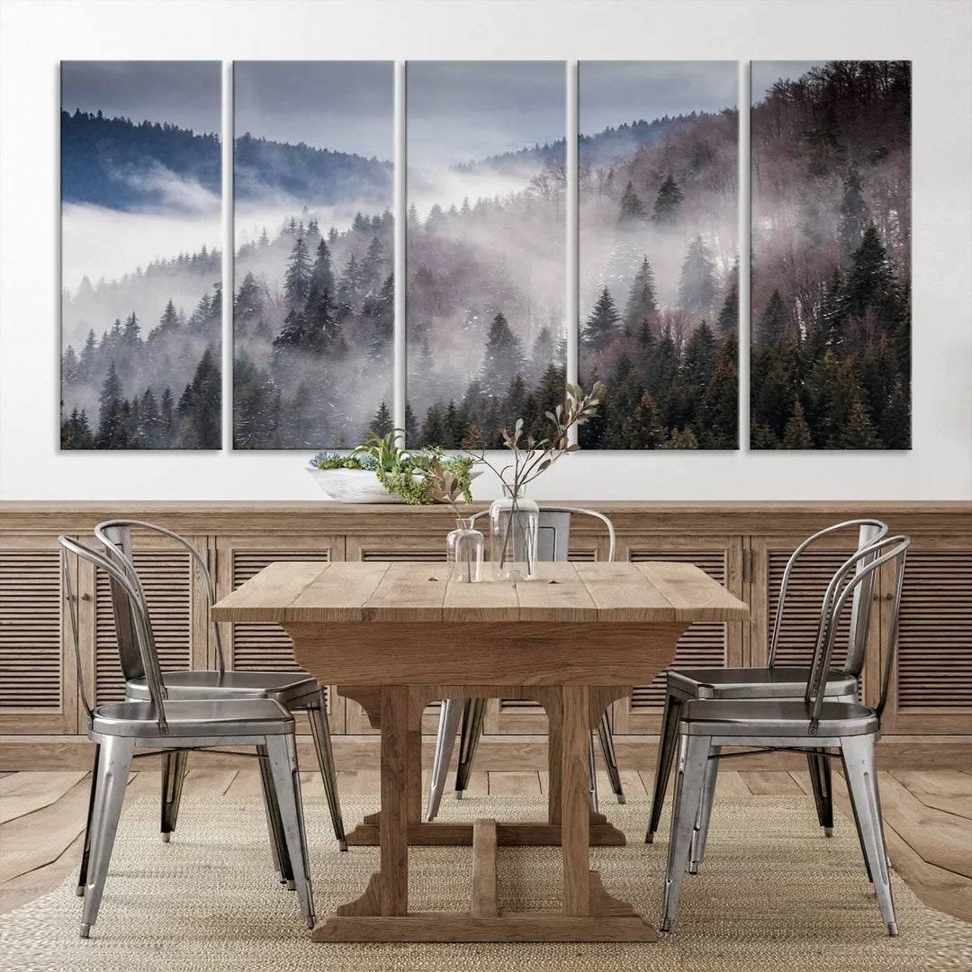 The "Beautiful Rising Fog in Winter Mountain Landscape" wall art is presented on museum-quality canvas, adding a striking visual element to the living room.