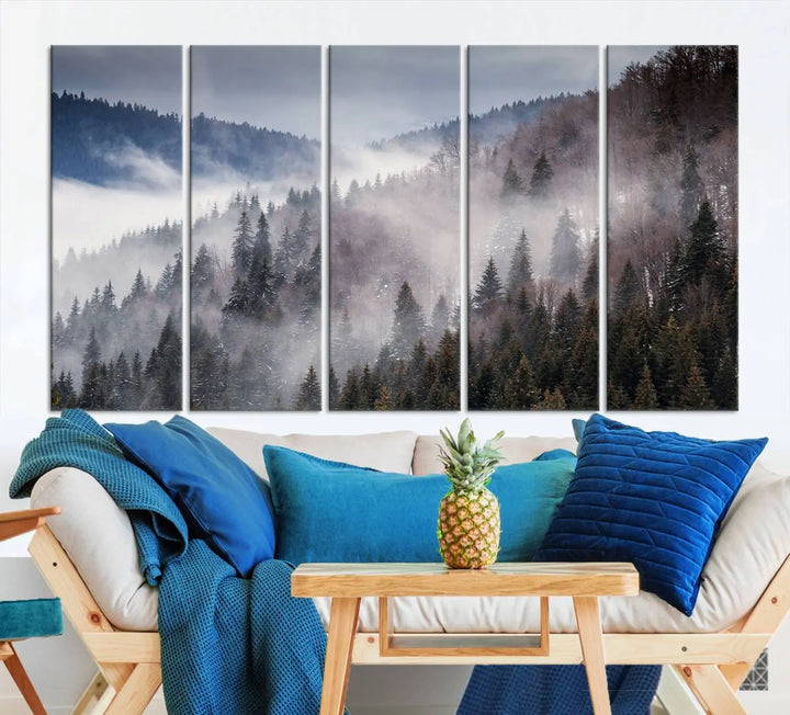 The "Beautiful Rising Fog in Winter Mountain Landscape" wall art is presented on museum-quality canvas, adding a striking visual element to the living room.