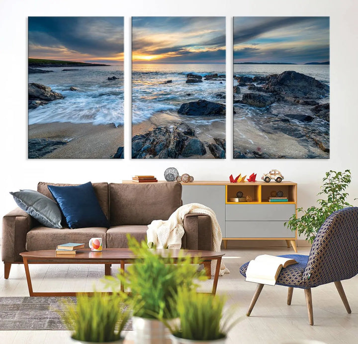 The "Beautiful Stormy Sunset at Bagh Steinigidh Beach Stones" triptych ocean-themed wall art is displayed on museum-quality canvas and features a UV-protective coating.