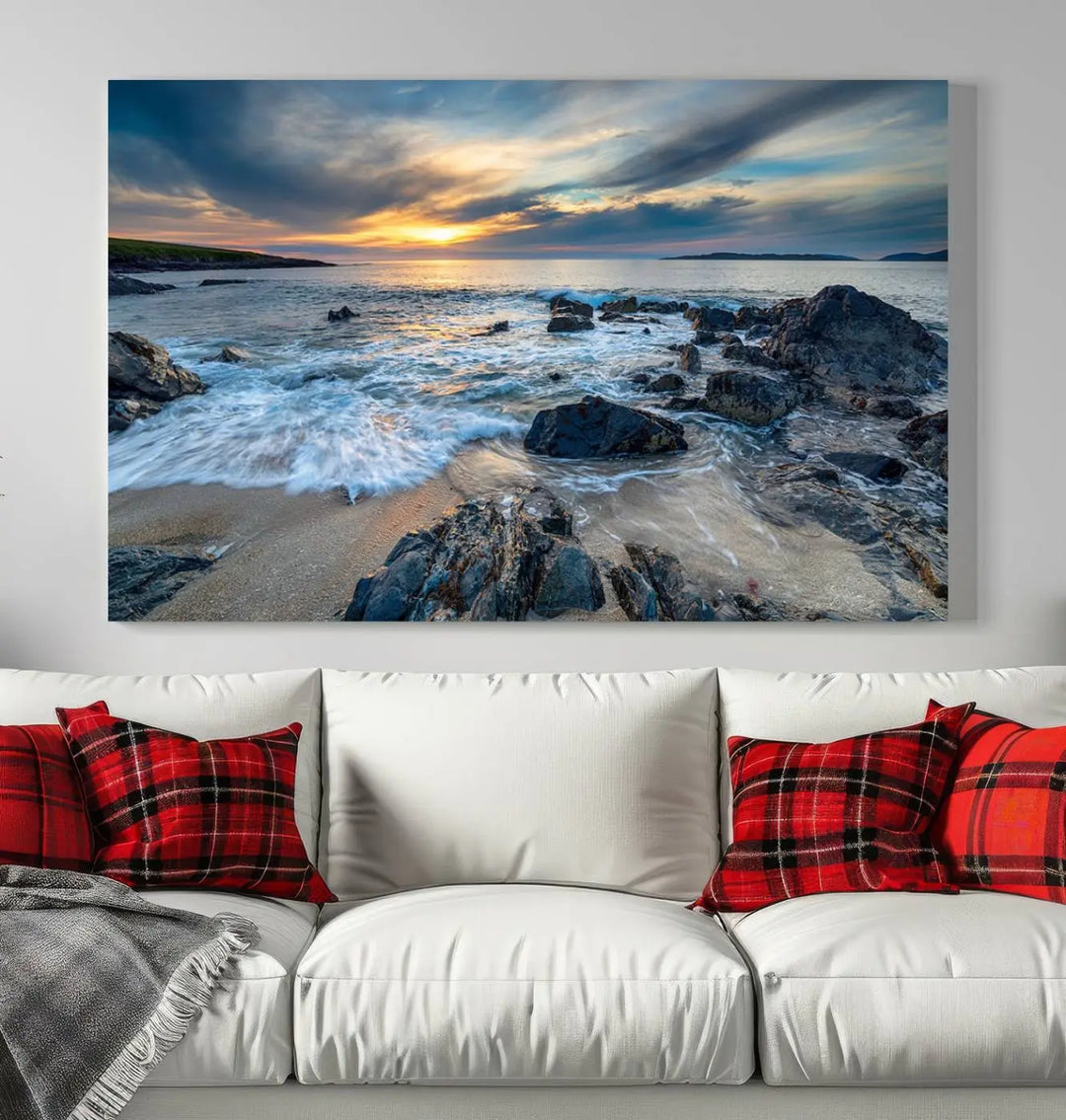 The "Beautiful Stormy Sunset at Bagh Steinigidh Beach Stones" triptych ocean-themed wall art is displayed on museum-quality canvas and features a UV-protective coating.