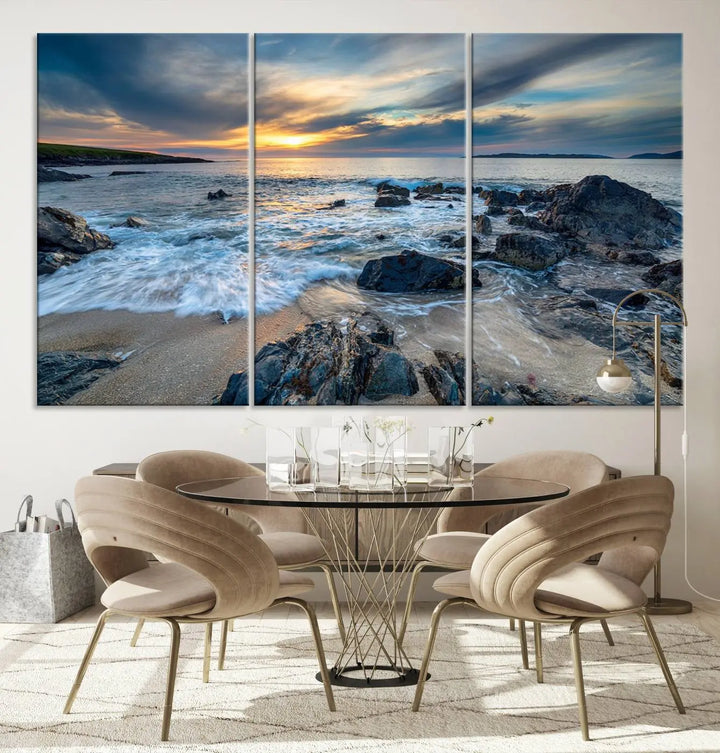 The "Beautiful Stormy Sunset at Bagh Steinigidh Beach Stones" triptych ocean-themed wall art is displayed on museum-quality canvas and features a UV-protective coating.