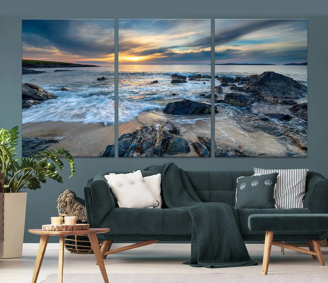 The "Beautiful Stormy Sunset at Bagh Steinigidh Beach Stones" triptych ocean-themed wall art is displayed on museum-quality canvas and features a UV-protective coating.