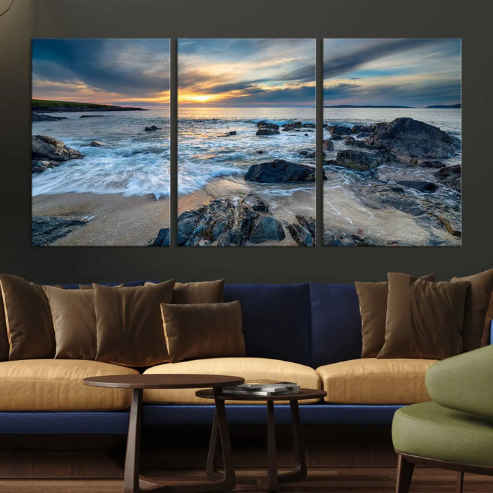 The "Beautiful Stormy Sunset at Bagh Steinigidh Beach Stones" triptych ocean-themed wall art is displayed on museum-quality canvas and features a UV-protective coating.