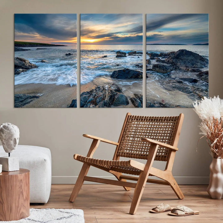 The "Beautiful Stormy Sunset at Bagh Steinigidh Beach Stones" triptych ocean-themed wall art is displayed on museum-quality canvas and features a UV-protective coating.