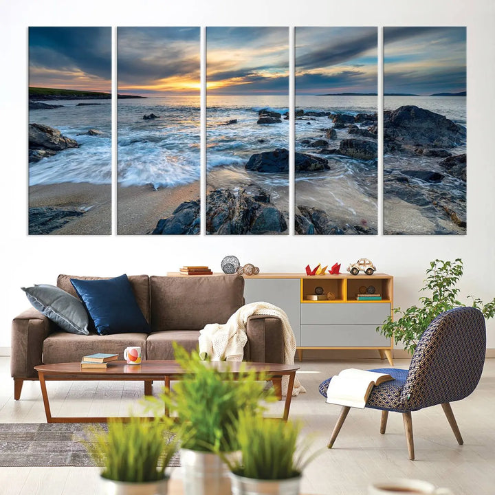 The "Beautiful Stormy Sunset at Bagh Steinigidh Beach Stones" triptych ocean-themed wall art is displayed on museum-quality canvas and features a UV-protective coating.