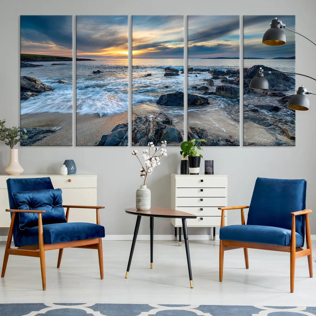 The "Beautiful Stormy Sunset at Bagh Steinigidh Beach Stones" triptych ocean-themed wall art is displayed on museum-quality canvas and features a UV-protective coating.