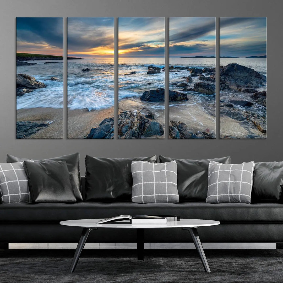 The "Beautiful Stormy Sunset at Bagh Steinigidh Beach Stones" triptych ocean-themed wall art is displayed on museum-quality canvas and features a UV-protective coating.