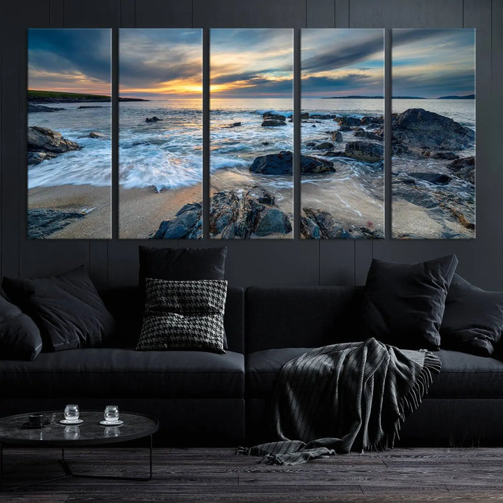 The "Beautiful Stormy Sunset at Bagh Steinigidh Beach Stones" triptych ocean-themed wall art is displayed on museum-quality canvas and features a UV-protective coating.