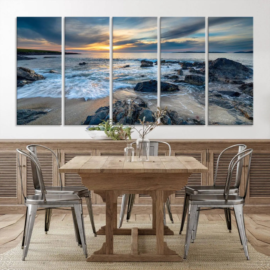 The "Beautiful Stormy Sunset at Bagh Steinigidh Beach Stones" triptych ocean-themed wall art is displayed on museum-quality canvas and features a UV-protective coating.