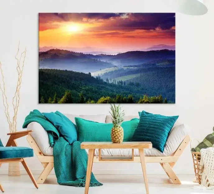 The triptych titled "Beautiful Sunset over Hills Forest Landscape Canvas Wall Art Print" enhances the space, being printed on museum-quality canvases with a UV-protective coating to ensure vibrant colors endure.