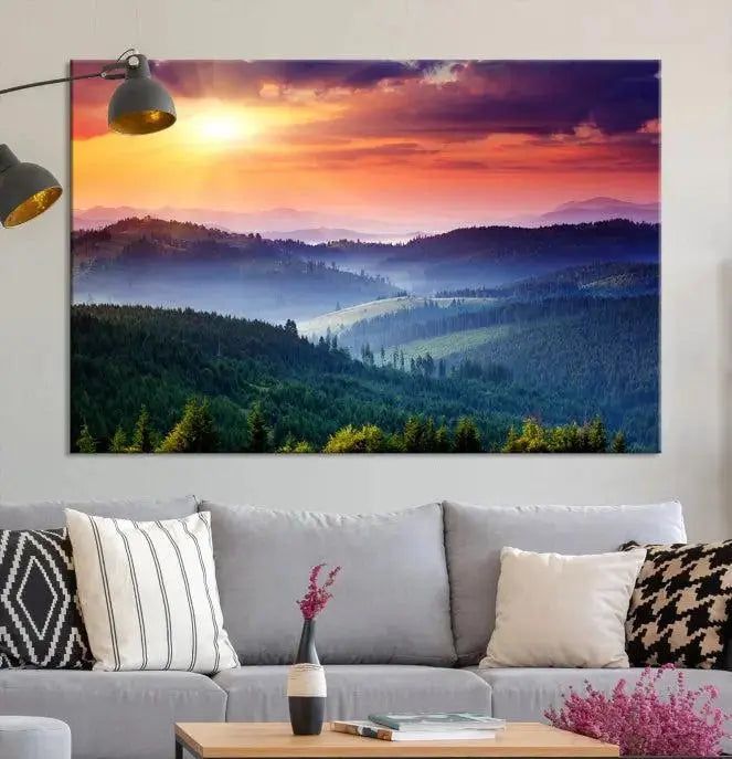 The triptych titled "Beautiful Sunset over Hills Forest Landscape Canvas Wall Art Print" enhances the space, being printed on museum-quality canvases with a UV-protective coating to ensure vibrant colors endure.