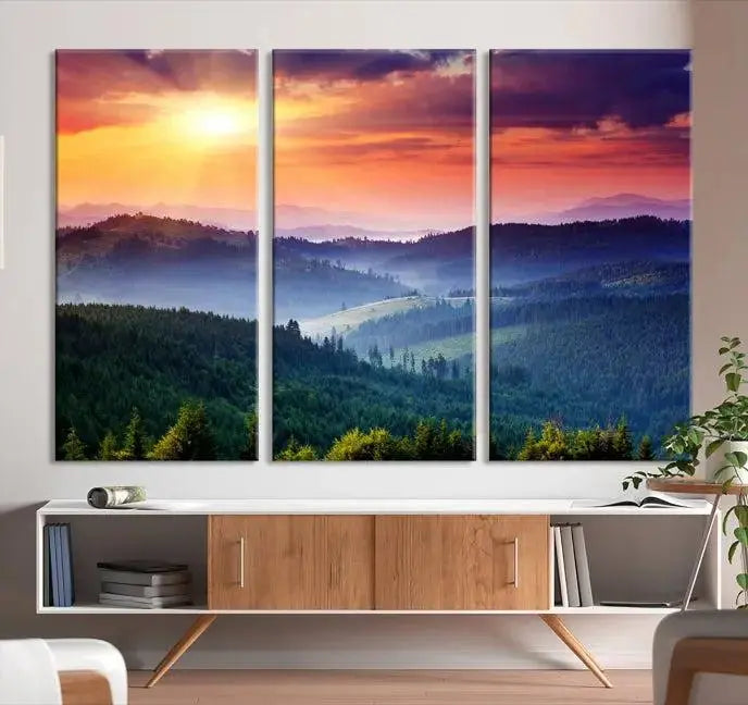 The triptych titled "Beautiful Sunset over Hills Forest Landscape Canvas Wall Art Print" enhances the space, being printed on museum-quality canvases with a UV-protective coating to ensure vibrant colors endure.