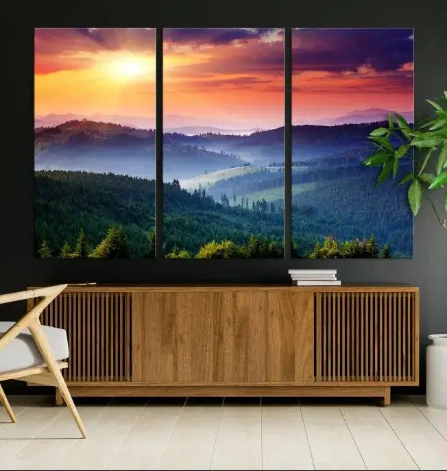 The triptych titled "Beautiful Sunset over Hills Forest Landscape Canvas Wall Art Print" enhances the space, being printed on museum-quality canvases with a UV-protective coating to ensure vibrant colors endure.