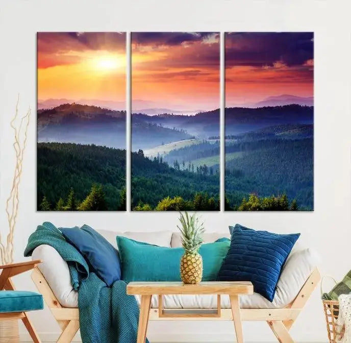 The triptych titled "Beautiful Sunset over Hills Forest Landscape Canvas Wall Art Print" enhances the space, being printed on museum-quality canvases with a UV-protective coating to ensure vibrant colors endure.