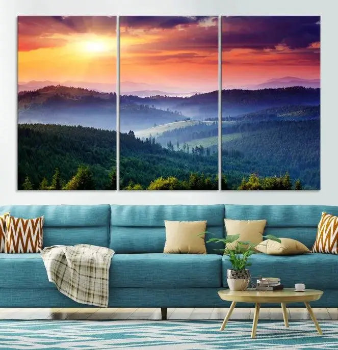 The triptych titled "Beautiful Sunset over Hills Forest Landscape Canvas Wall Art Print" enhances the space, being printed on museum-quality canvases with a UV-protective coating to ensure vibrant colors endure.