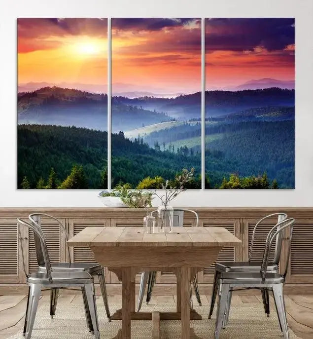 The triptych titled "Beautiful Sunset over Hills Forest Landscape Canvas Wall Art Print" enhances the space, being printed on museum-quality canvases with a UV-protective coating to ensure vibrant colors endure.