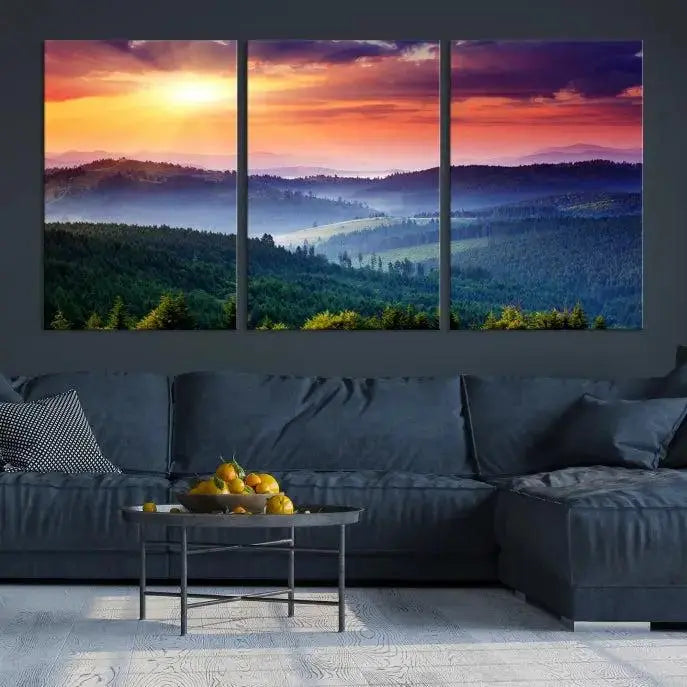 The triptych titled "Beautiful Sunset over Hills Forest Landscape Canvas Wall Art Print" enhances the space, being printed on museum-quality canvases with a UV-protective coating to ensure vibrant colors endure.