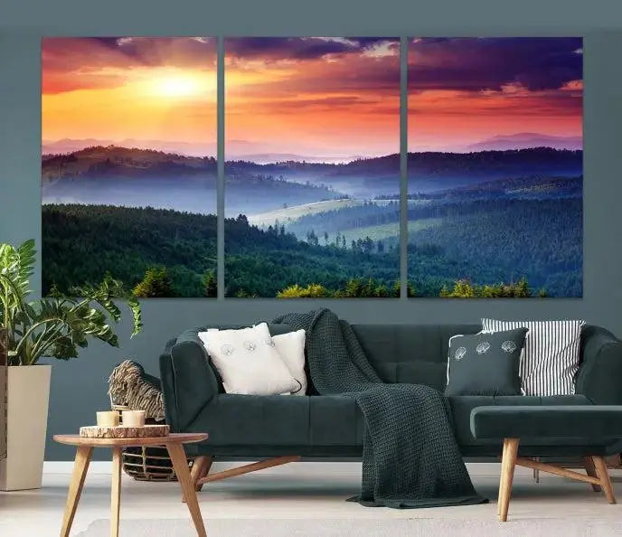 The triptych titled "Beautiful Sunset over Hills Forest Landscape Canvas Wall Art Print" enhances the space, being printed on museum-quality canvases with a UV-protective coating to ensure vibrant colors endure.