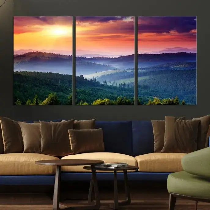 The triptych titled "Beautiful Sunset over Hills Forest Landscape Canvas Wall Art Print" enhances the space, being printed on museum-quality canvases with a UV-protective coating to ensure vibrant colors endure.