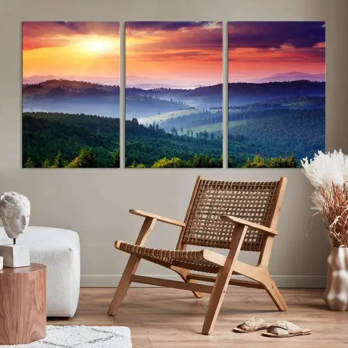 The triptych titled "Beautiful Sunset over Hills Forest Landscape Canvas Wall Art Print" enhances the space, being printed on museum-quality canvases with a UV-protective coating to ensure vibrant colors endure.