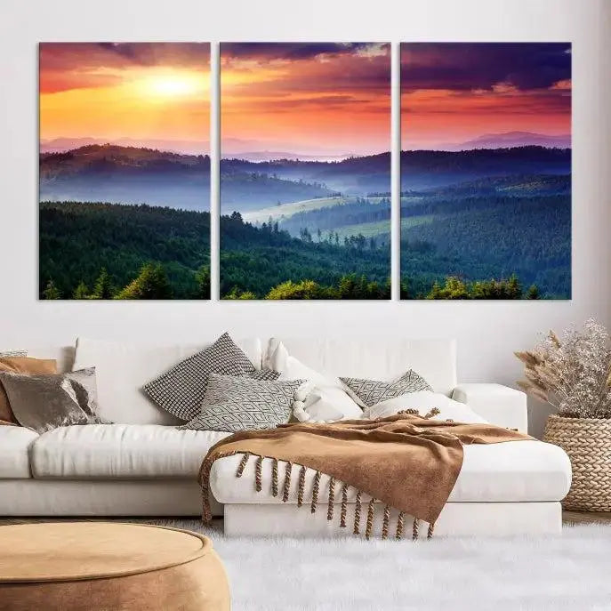 The triptych titled "Beautiful Sunset over Hills Forest Landscape Canvas Wall Art Print" enhances the space, being printed on museum-quality canvases with a UV-protective coating to ensure vibrant colors endure.