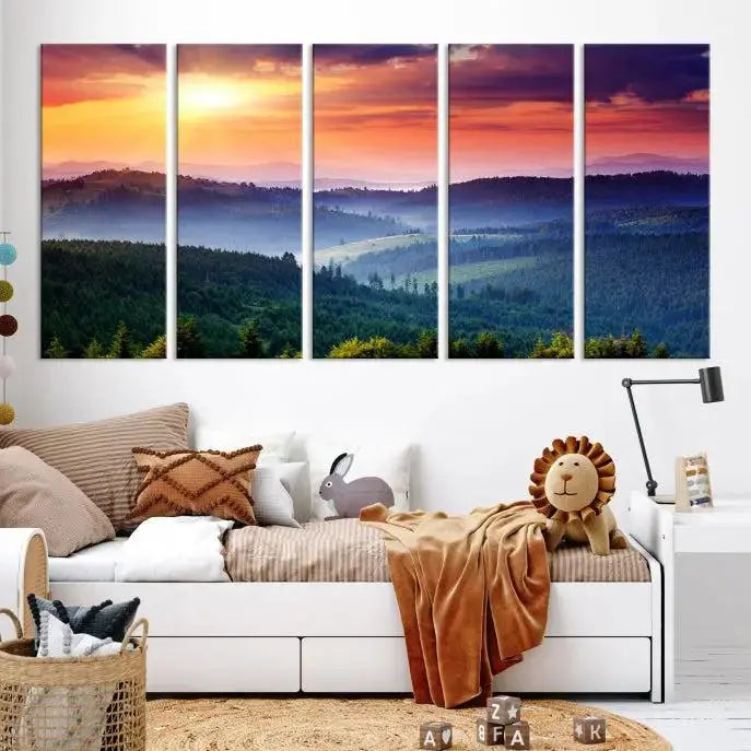 The triptych titled "Beautiful Sunset over Hills Forest Landscape Canvas Wall Art Print" enhances the space, being printed on museum-quality canvases with a UV-protective coating to ensure vibrant colors endure.