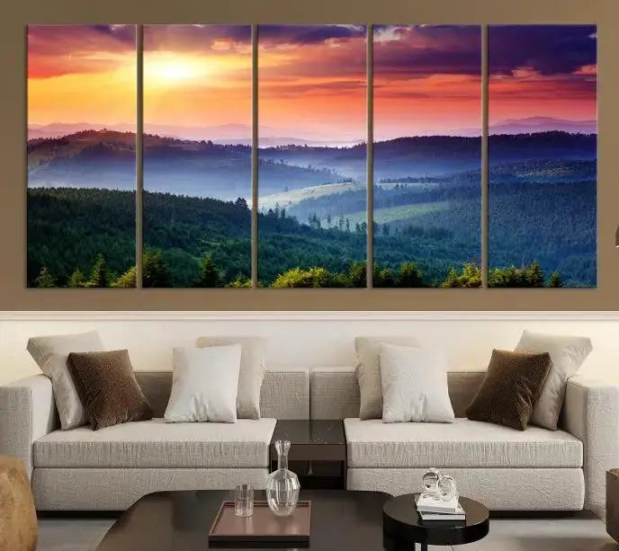 The triptych titled "Beautiful Sunset over Hills Forest Landscape Canvas Wall Art Print" enhances the space, being printed on museum-quality canvases with a UV-protective coating to ensure vibrant colors endure.