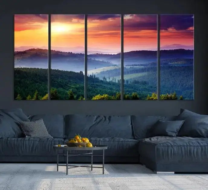 The triptych titled "Beautiful Sunset over Hills Forest Landscape Canvas Wall Art Print" enhances the space, being printed on museum-quality canvases with a UV-protective coating to ensure vibrant colors endure.