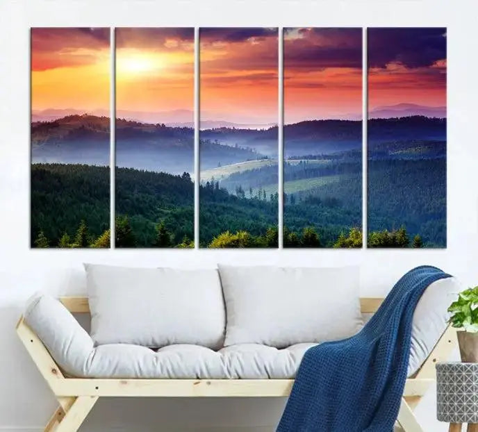 The triptych titled "Beautiful Sunset over Hills Forest Landscape Canvas Wall Art Print" enhances the space, being printed on museum-quality canvases with a UV-protective coating to ensure vibrant colors endure.