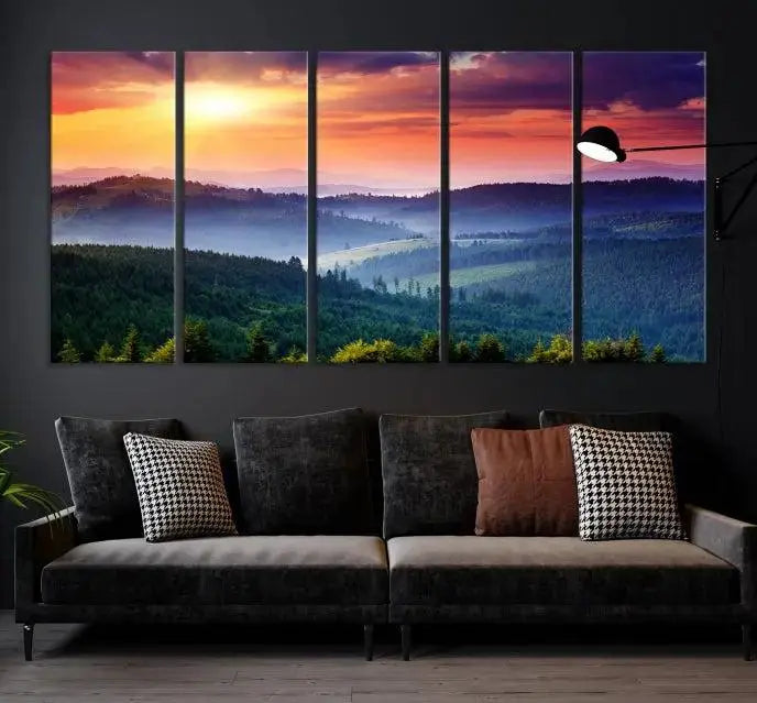 The triptych titled "Beautiful Sunset over Hills Forest Landscape Canvas Wall Art Print" enhances the space, being printed on museum-quality canvases with a UV-protective coating to ensure vibrant colors endure.