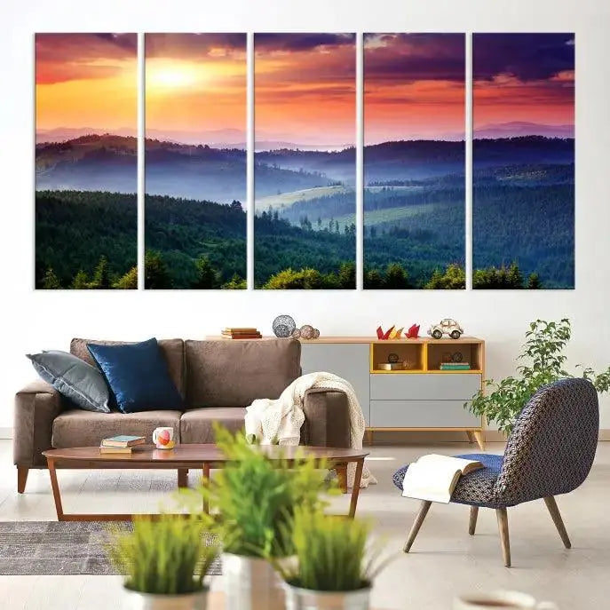 The triptych titled "Beautiful Sunset over Hills Forest Landscape Canvas Wall Art Print" enhances the space, being printed on museum-quality canvases with a UV-protective coating to ensure vibrant colors endure.