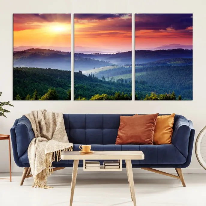 The triptych titled "Beautiful Sunset over Hills Forest Landscape Canvas Wall Art Print" enhances the space, being printed on museum-quality canvases with a UV-protective coating to ensure vibrant colors endure.