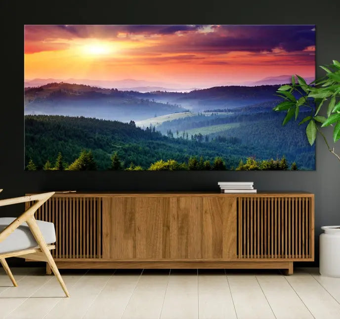 The triptych titled "Beautiful Sunset over Hills Forest Landscape Canvas Wall Art Print" enhances the space, being printed on museum-quality canvases with a UV-protective coating to ensure vibrant colors endure.