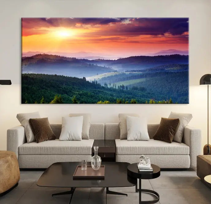 The triptych titled "Beautiful Sunset over Hills Forest Landscape Canvas Wall Art Print" enhances the space, being printed on museum-quality canvases with a UV-protective coating to ensure vibrant colors endure.