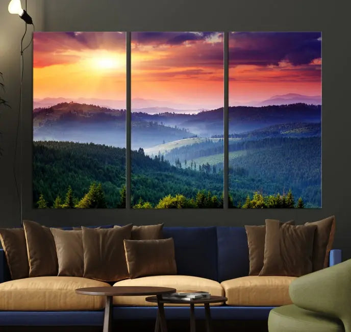 The triptych titled "Beautiful Sunset over Hills Forest Landscape Canvas Wall Art Print" enhances the space, being printed on museum-quality canvases with a UV-protective coating to ensure vibrant colors endure.