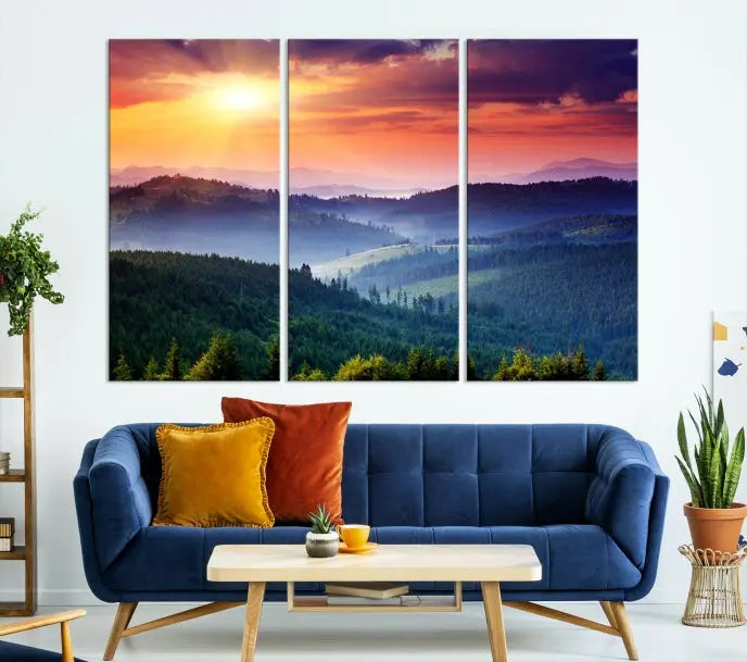 The triptych titled "Beautiful Sunset over Hills Forest Landscape Canvas Wall Art Print" enhances the space, being printed on museum-quality canvases with a UV-protective coating to ensure vibrant colors endure.