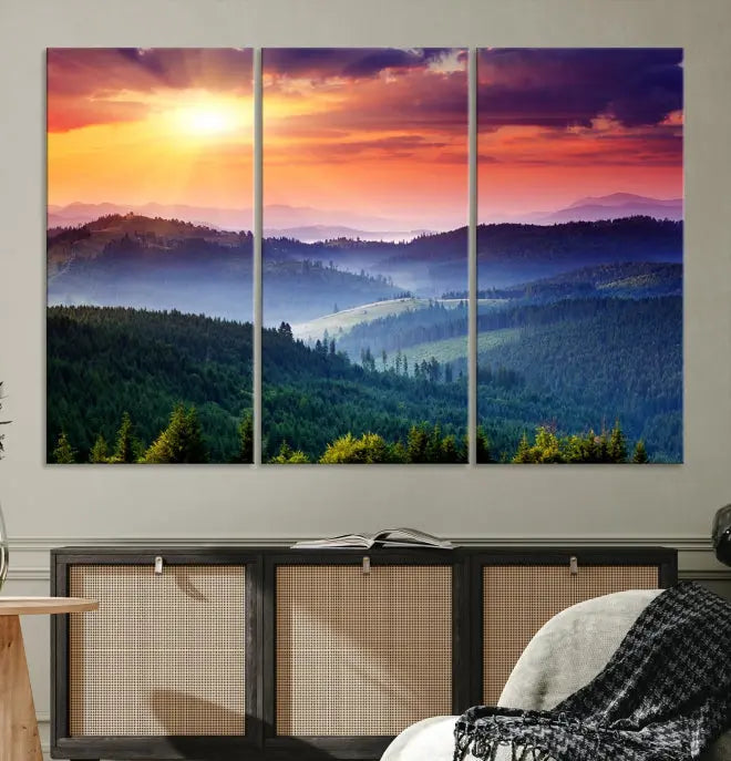 The triptych titled "Beautiful Sunset over Hills Forest Landscape Canvas Wall Art Print" enhances the space, being printed on museum-quality canvases with a UV-protective coating to ensure vibrant colors endure.