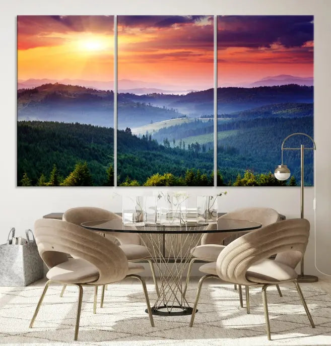 The triptych titled "Beautiful Sunset over Hills Forest Landscape Canvas Wall Art Print" enhances the space, being printed on museum-quality canvases with a UV-protective coating to ensure vibrant colors endure.