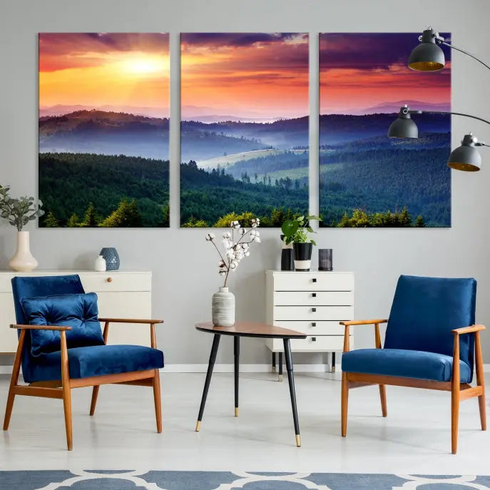 The triptych titled "Beautiful Sunset over Hills Forest Landscape Canvas Wall Art Print" enhances the space, being printed on museum-quality canvases with a UV-protective coating to ensure vibrant colors endure.