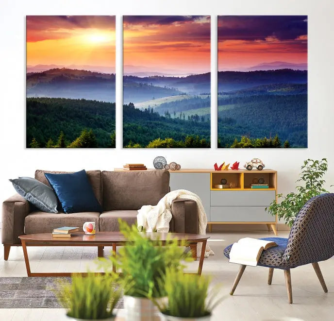 The triptych titled "Beautiful Sunset over Hills Forest Landscape Canvas Wall Art Print" enhances the space, being printed on museum-quality canvases with a UV-protective coating to ensure vibrant colors endure.