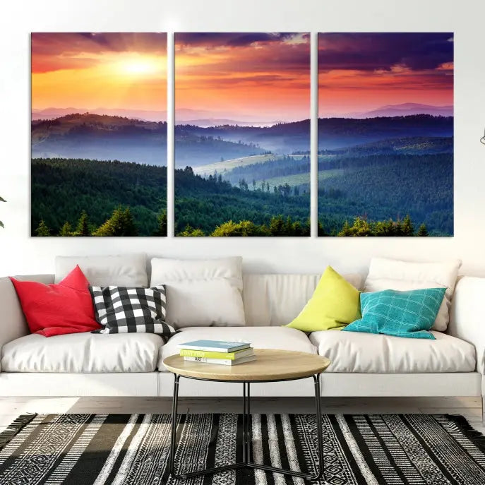 The triptych titled "Beautiful Sunset over Hills Forest Landscape Canvas Wall Art Print" enhances the space, being printed on museum-quality canvases with a UV-protective coating to ensure vibrant colors endure.