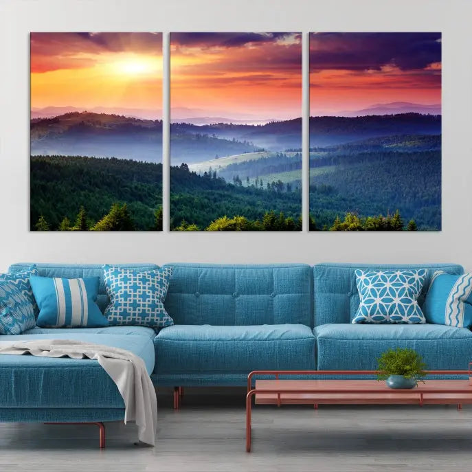 The triptych titled "Beautiful Sunset over Hills Forest Landscape Canvas Wall Art Print" enhances the space, being printed on museum-quality canvases with a UV-protective coating to ensure vibrant colors endure.