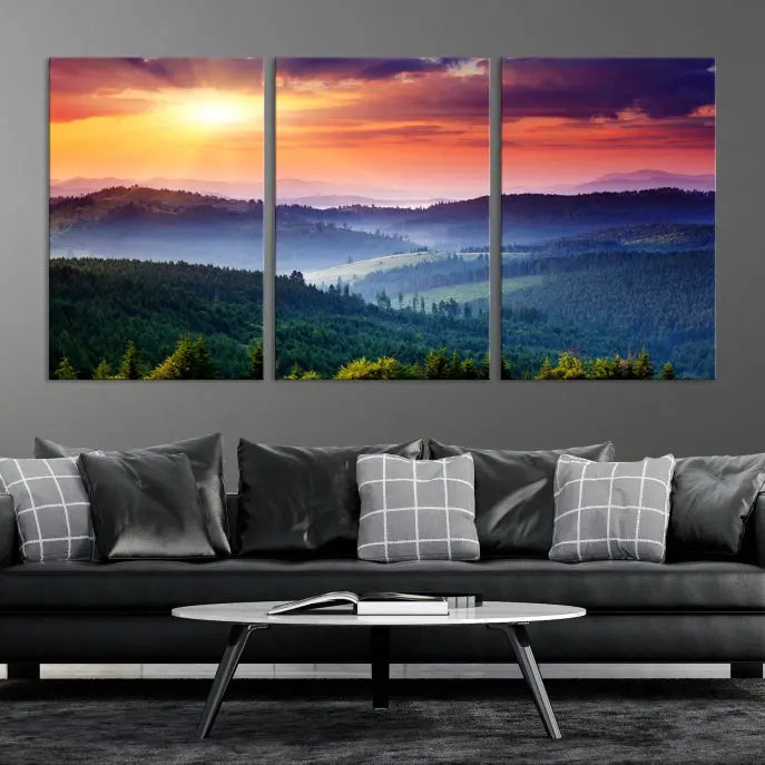 The triptych titled "Beautiful Sunset over Hills Forest Landscape Canvas Wall Art Print" enhances the space, being printed on museum-quality canvases with a UV-protective coating to ensure vibrant colors endure.