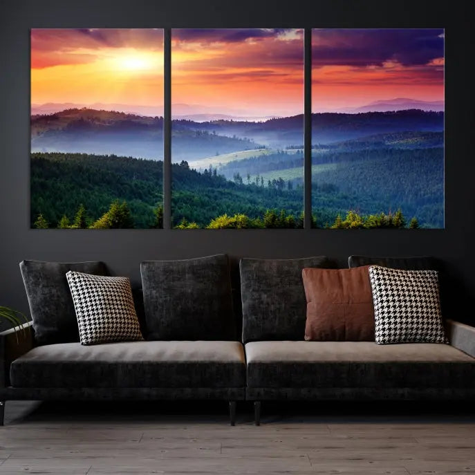 The triptych titled "Beautiful Sunset over Hills Forest Landscape Canvas Wall Art Print" enhances the space, being printed on museum-quality canvases with a UV-protective coating to ensure vibrant colors endure.