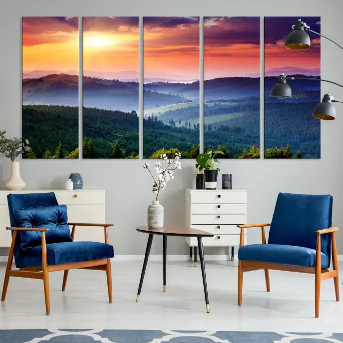 The triptych titled "Beautiful Sunset over Hills Forest Landscape Canvas Wall Art Print" enhances the space, being printed on museum-quality canvases with a UV-protective coating to ensure vibrant colors endure.